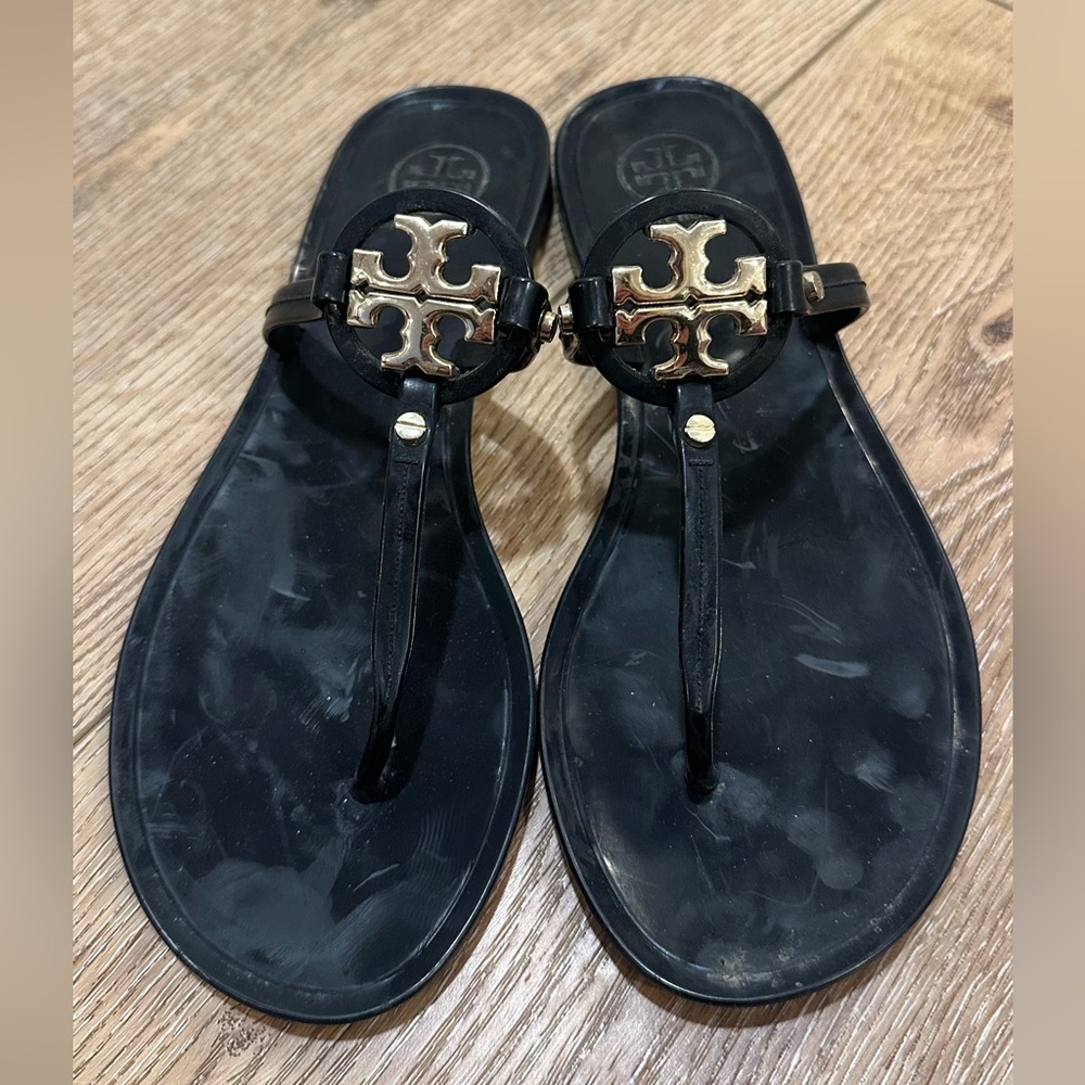 Black Tory Burch Mini Miller Jelly Sandals with Gold Logo